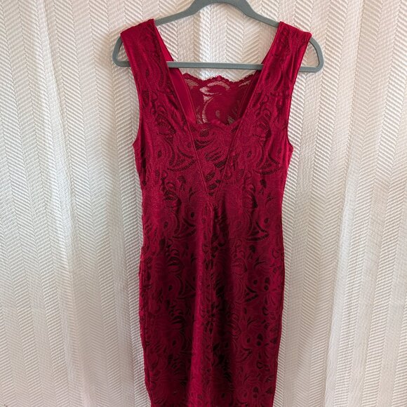H&M Red Lace Stretch Midi Dress Size 8 Bodycon Wedding Guest Party - Picture 7 of 9